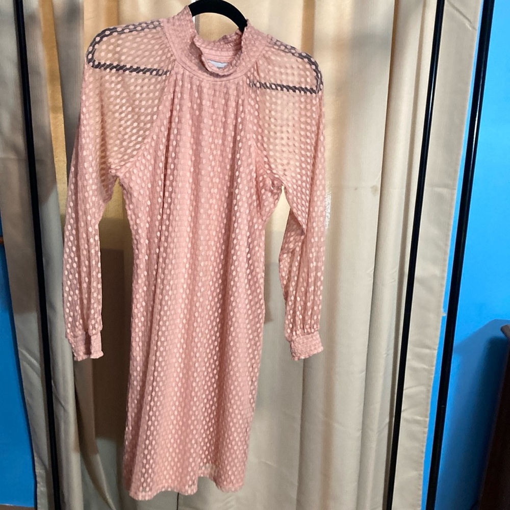 Nina Leonard Pink Sheer Mock Neck Dress Large  Wedding Guest